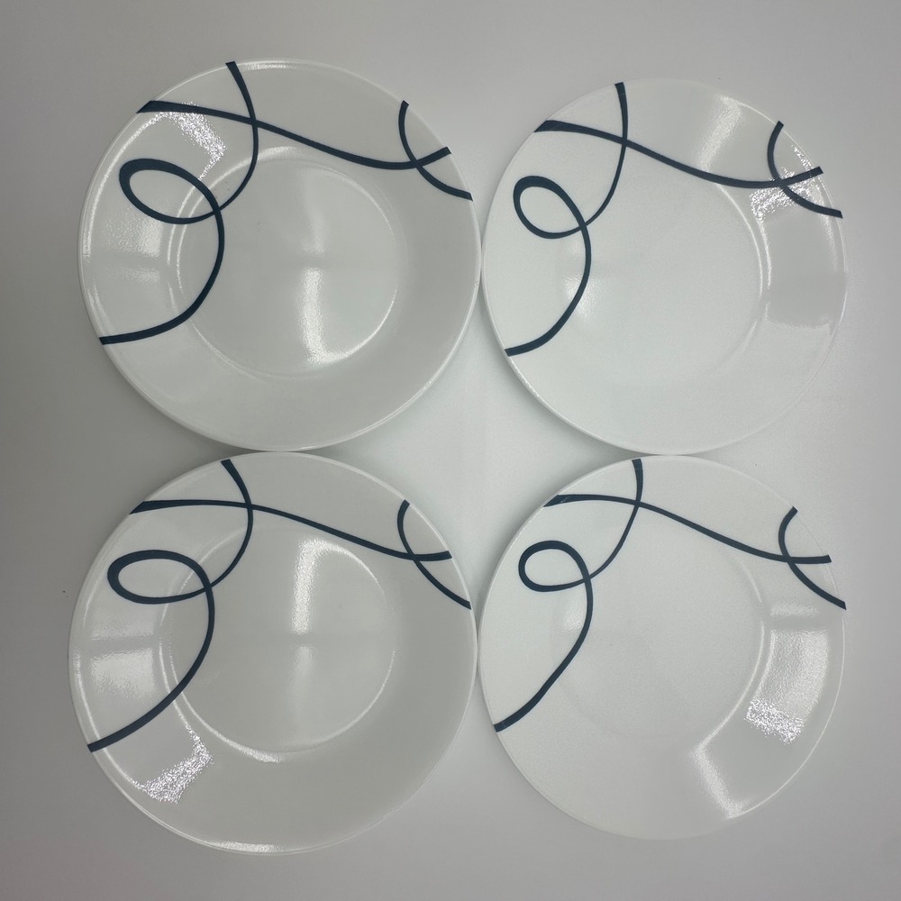 Corelle Lia Salad Bread Plates Set of 4 White Navy Blue Swirl 6.5 Inch USA